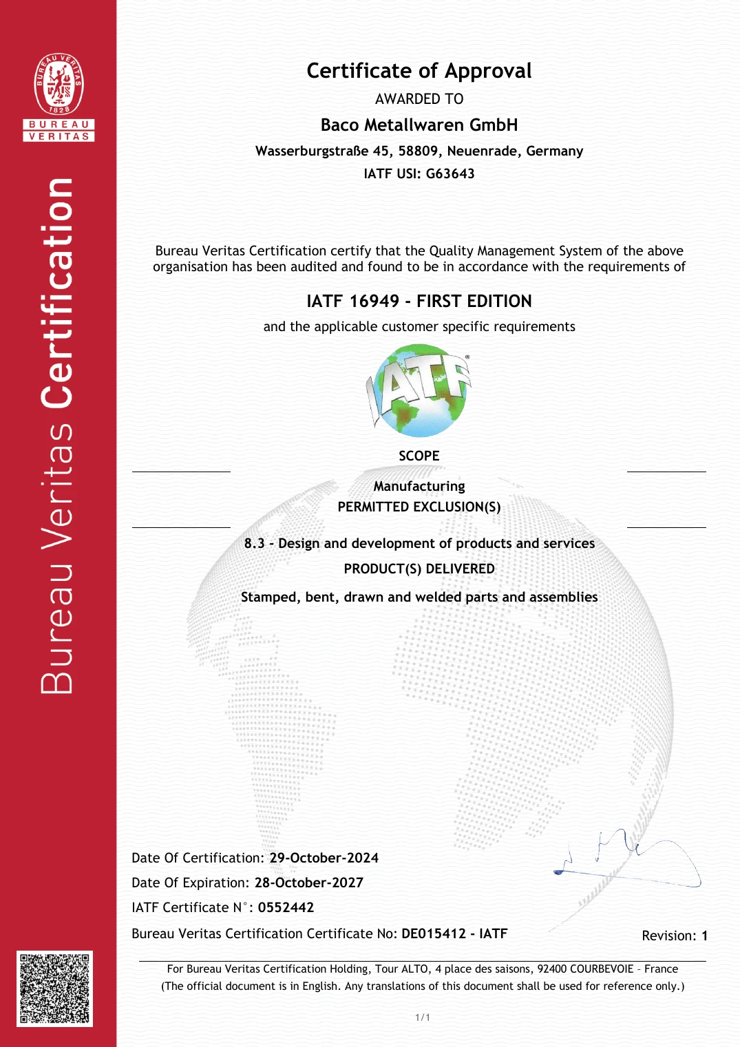 Zertifikat der baco Metallwaren GmbH nach IATF 16949