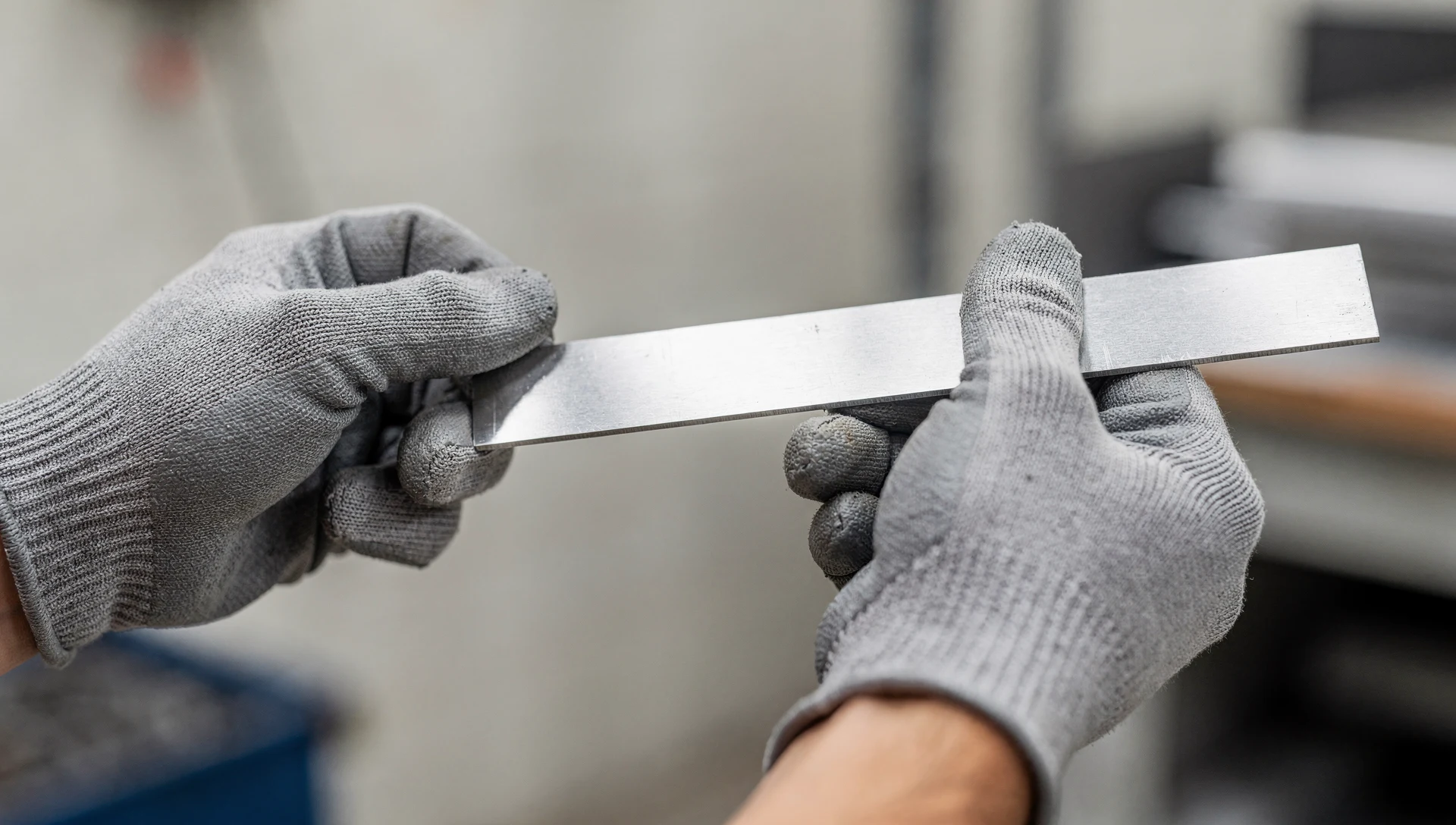 Hände in Arbeitshandschuhen halten einen blanken Stahlstreifen